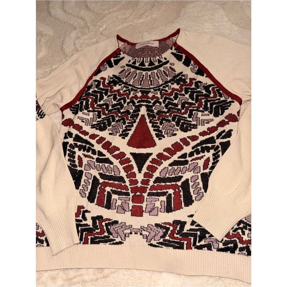 Aldo Martins Beige Crewneck Sweater with Black and Burgundy Geometric Trim